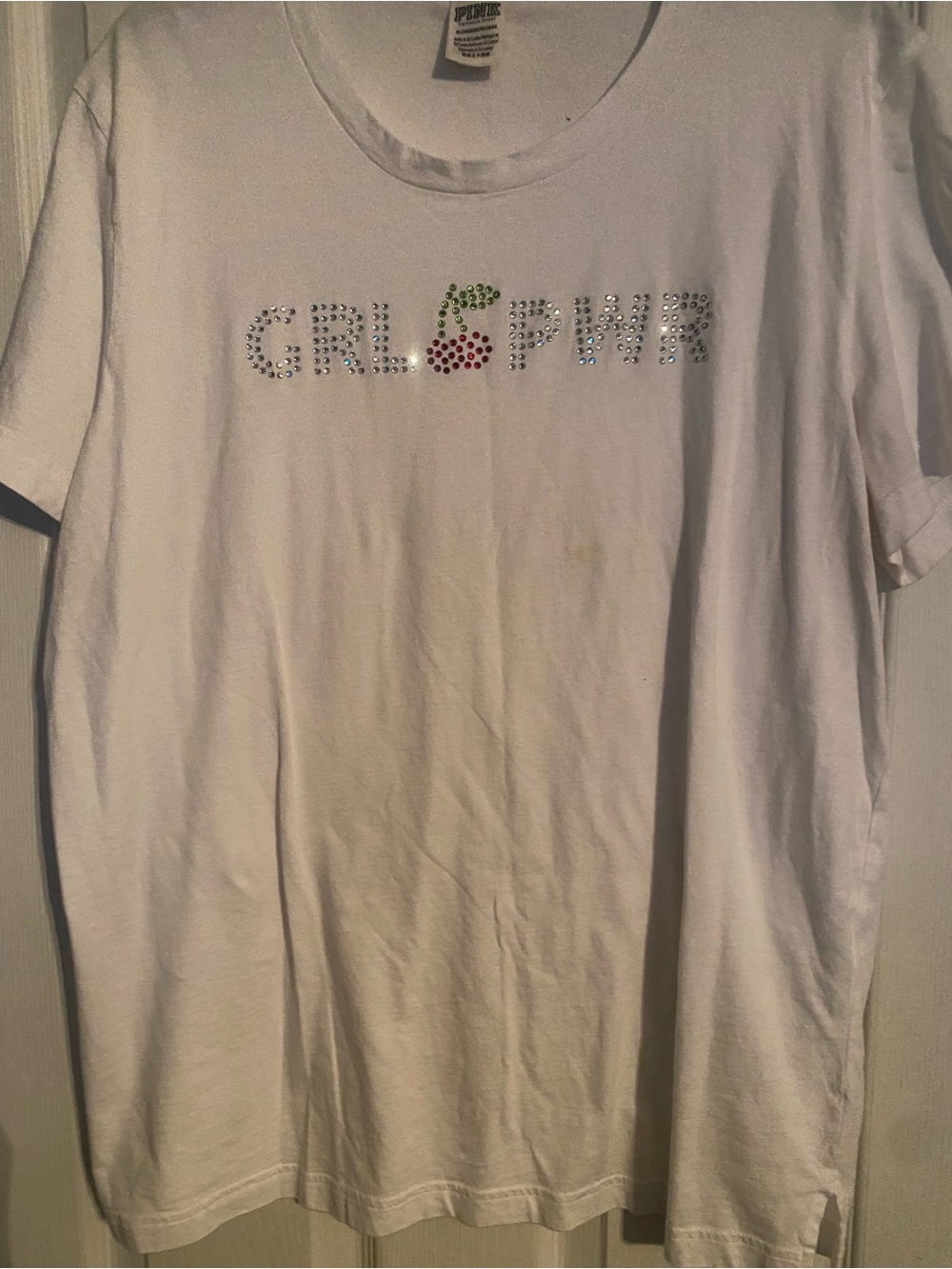 PINK Victoria's Secret White 'GRL PWR' Rhinestone Tee with Cherry Accent